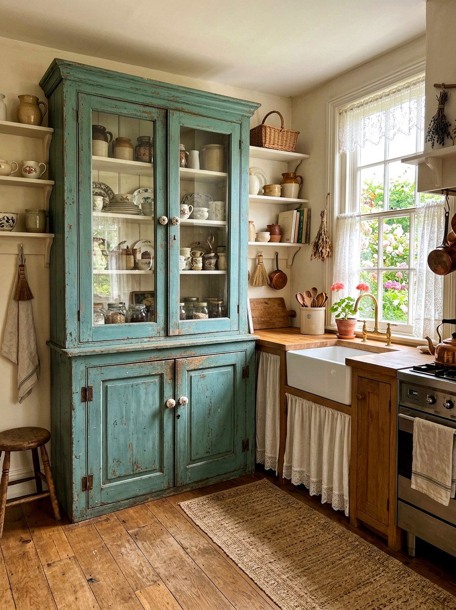 Distressed Teal Pantry - 30 freestanding pantry cabinet ideas