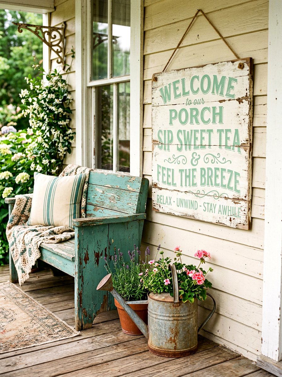 Distressed Vintage Porch Sign - 30 porch welcome sign ideas