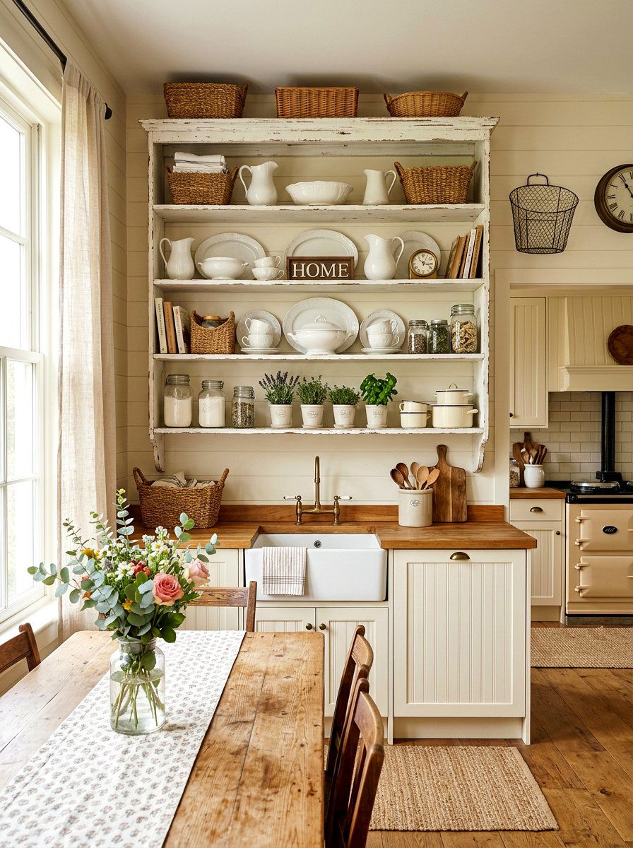 Distressed White Farmhouse Shelves - 30 vintage kitchen shelf ideas