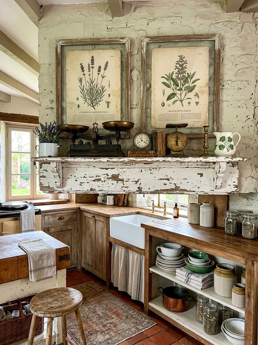 Distressed White Mantel Shelf - 30 French cottage kitchen shelf ideas