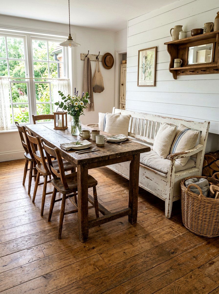 Distressed White Wood Bench - 30 farmhouse dining bench ideas