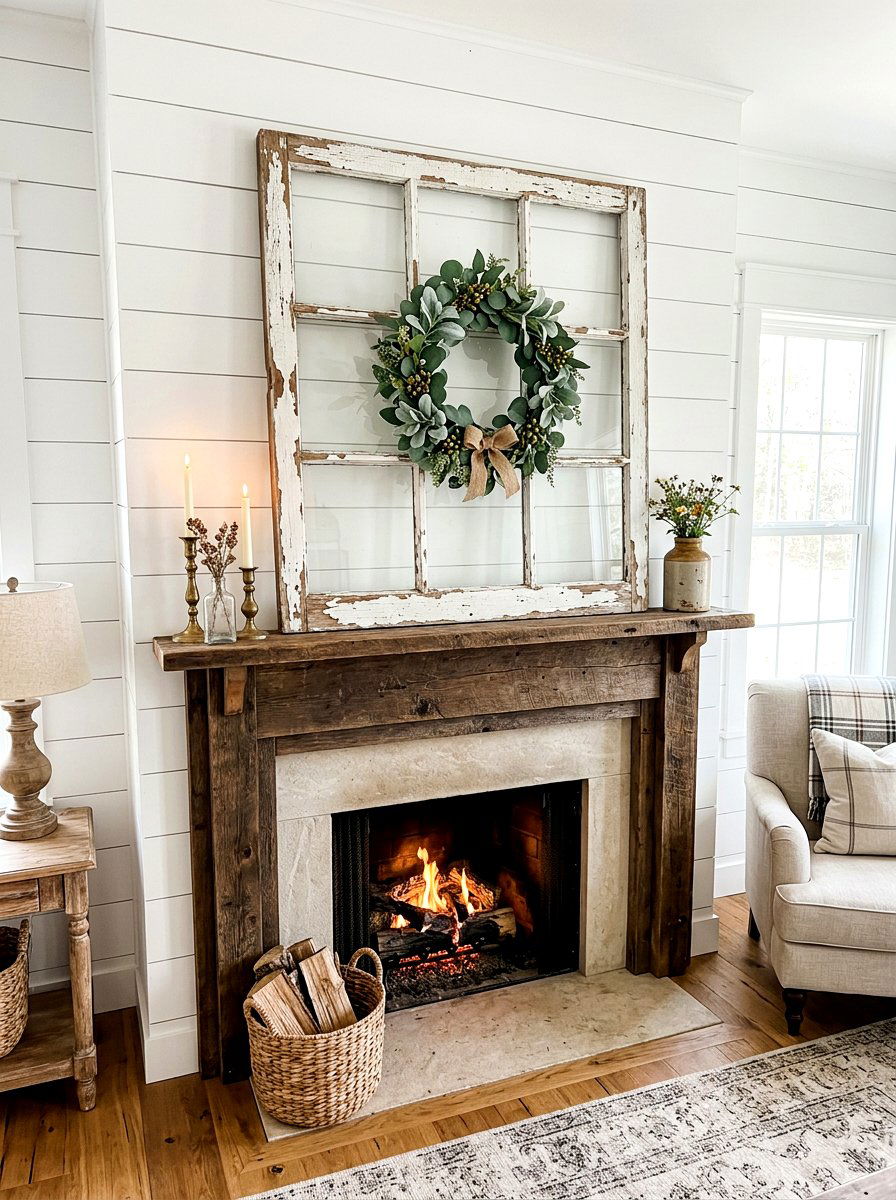 Distressed Window Frame - 30 vintage mantel styling ideas