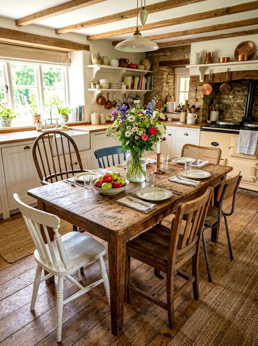 Distressed Wood Dining Table - 30 vintage cottage kitchen ideas
