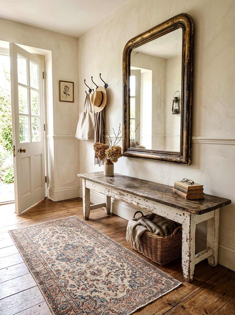 Distressed Wood Entryway Bench - 30 farmhouse entryway bench ideas