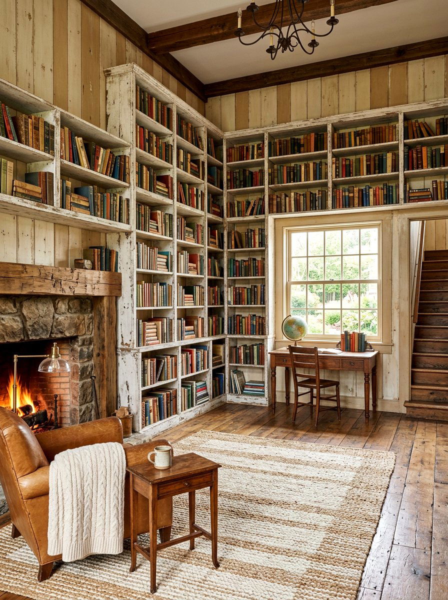 Distressed Wood Farmhouse Library - 30 organizing a bookshelf ideas