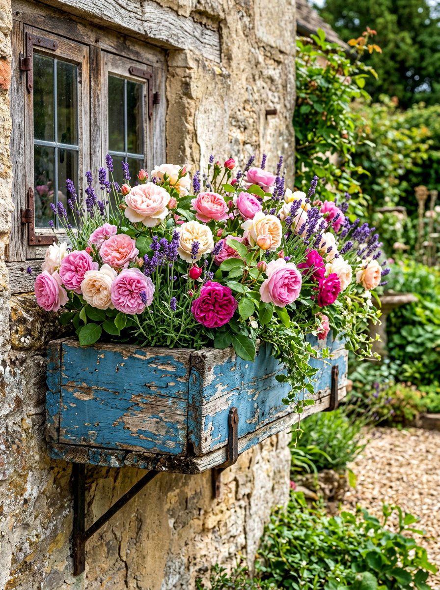 Distressed Wood Flower Box - 30 exterior flower box ideas