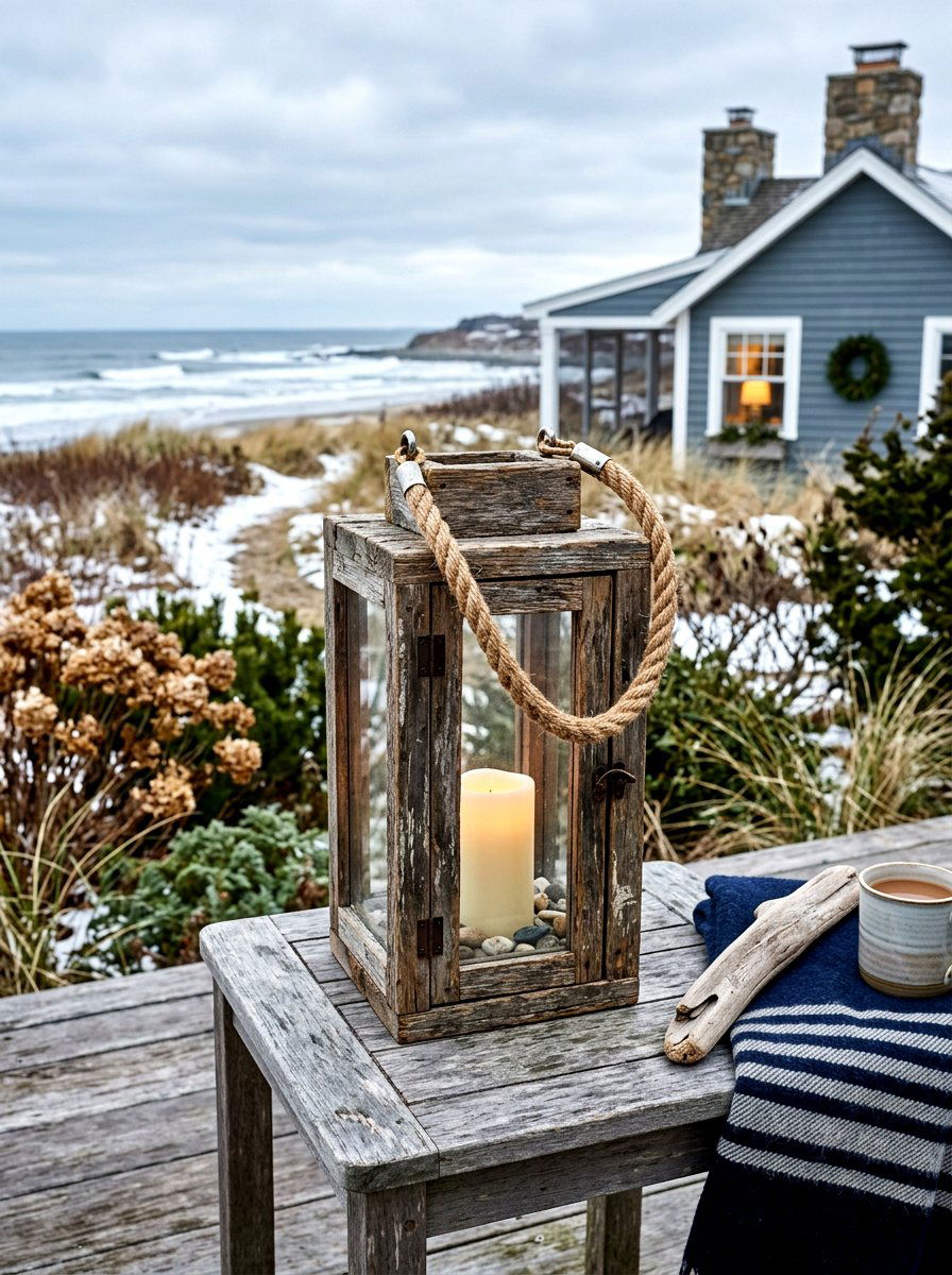 Distressed Wood Lantern With Rope Handle - 30 winter porch lantern ideas