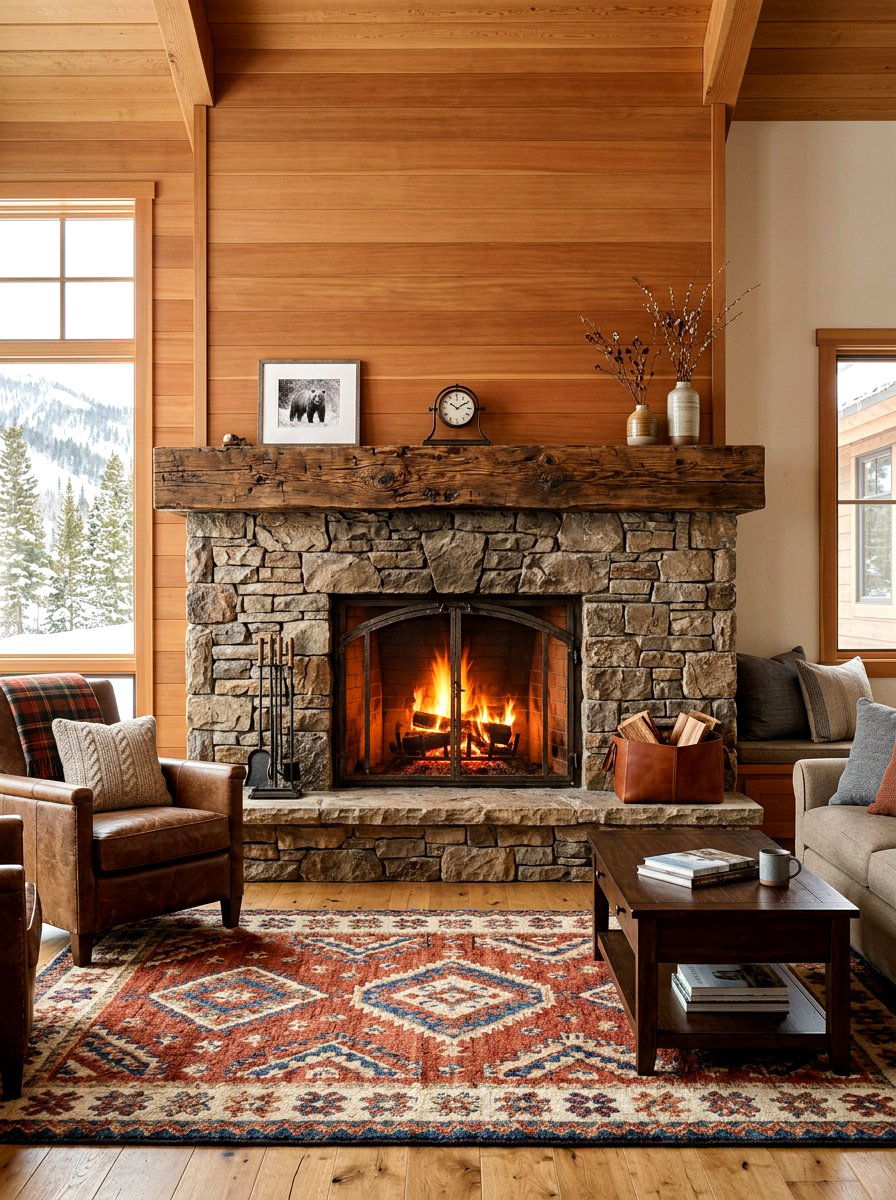 Distressed Wood Mantel with Smooth Cedar Panels Room - 30 mixed wood tone decor ideas