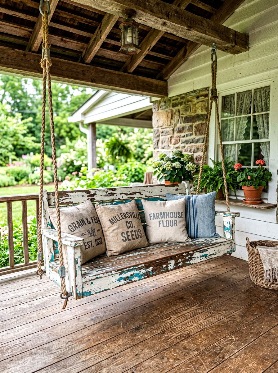 Distressed Wood Porch Swing - 30 farmhouse porch swing ideas