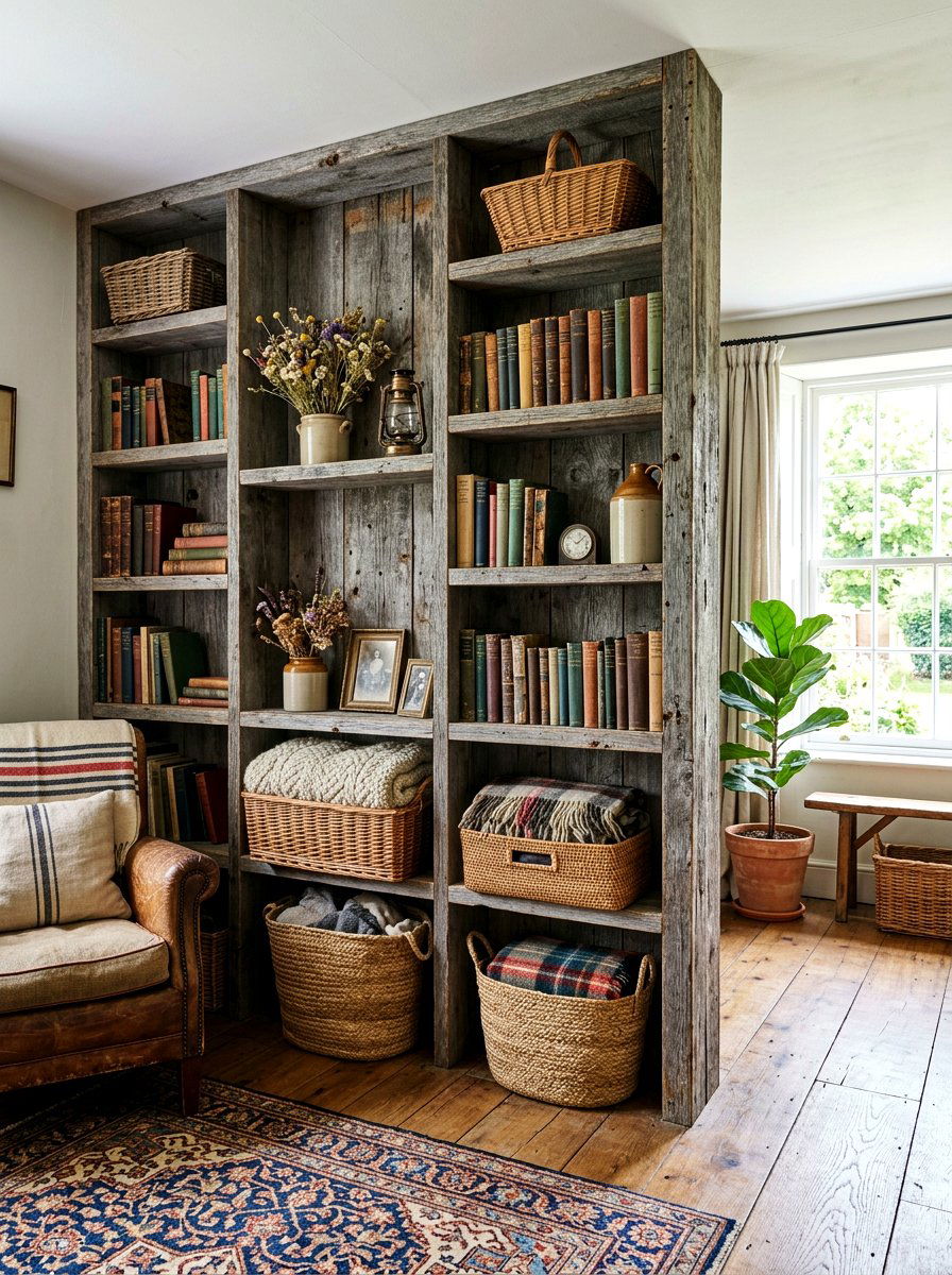 Distressed Wood Rustic Partition - 30 bookshelf divider apartment ideas