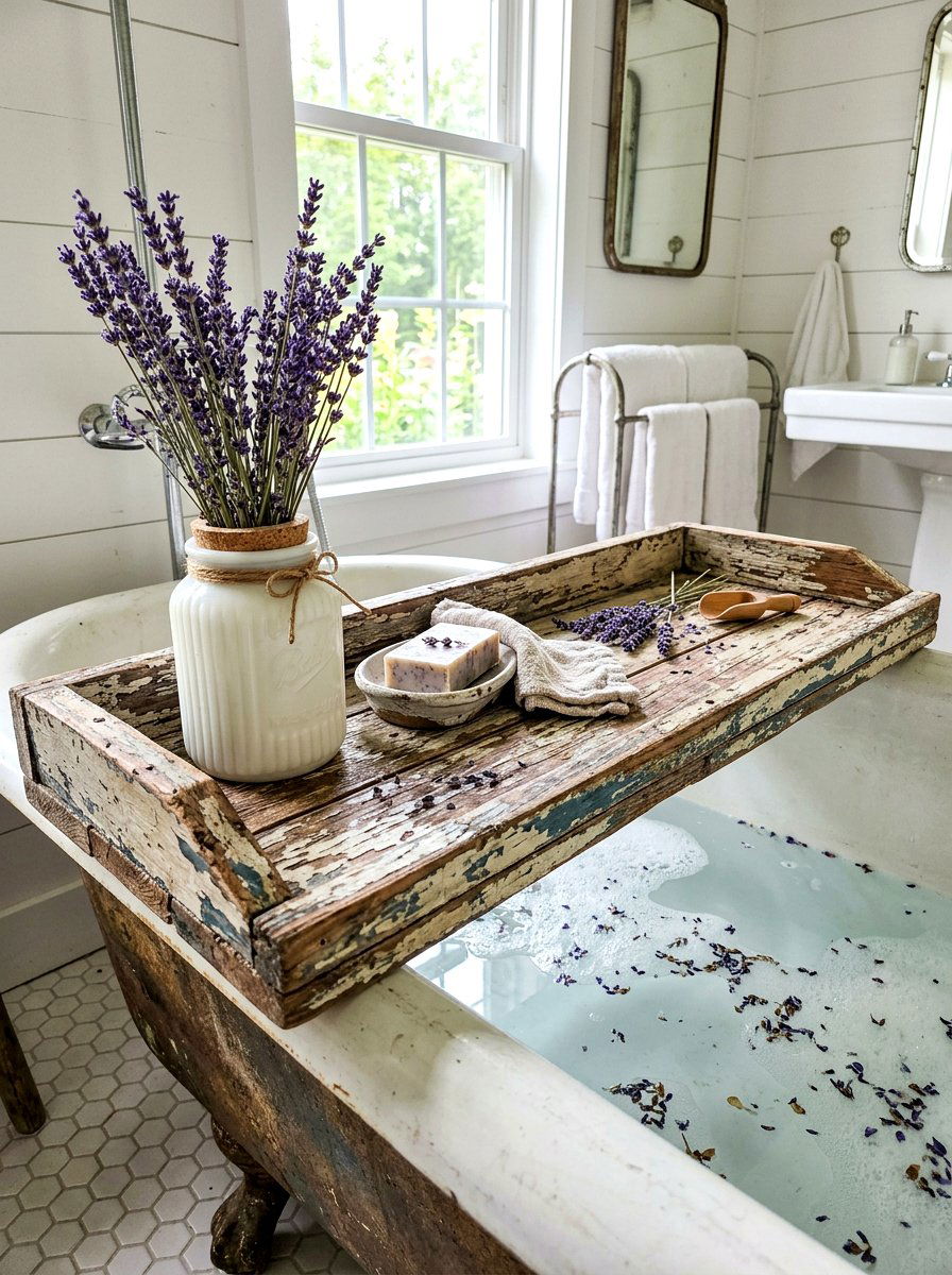 Distressed Wood Tub Shelf - 30 bath tray spa ideas