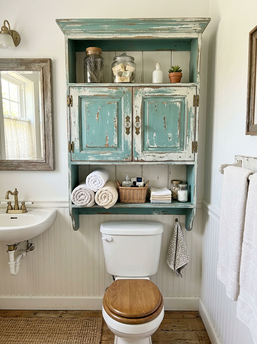 Distressed Wood Wall Unit - 30 over toilet cabinet ideas
