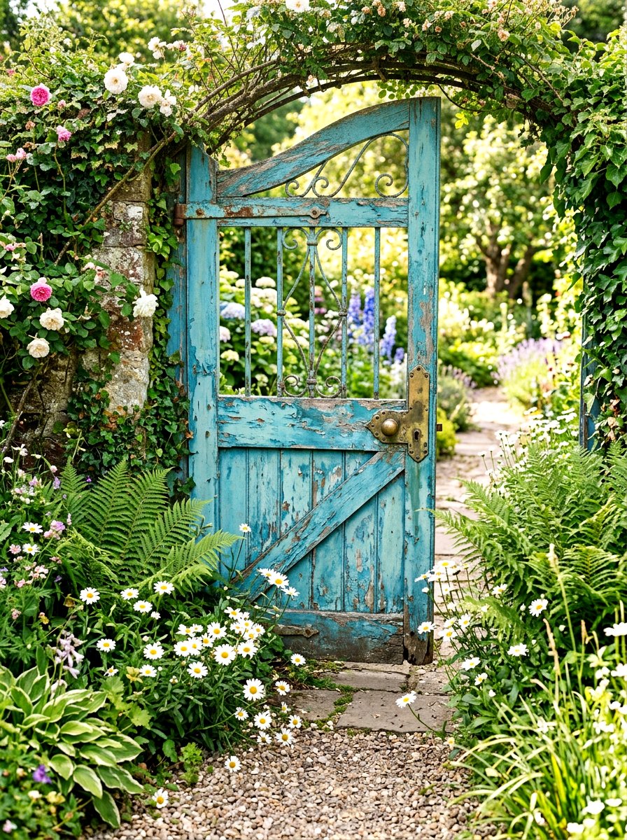 Distressed blue gate - 30 antique garden gate ideas