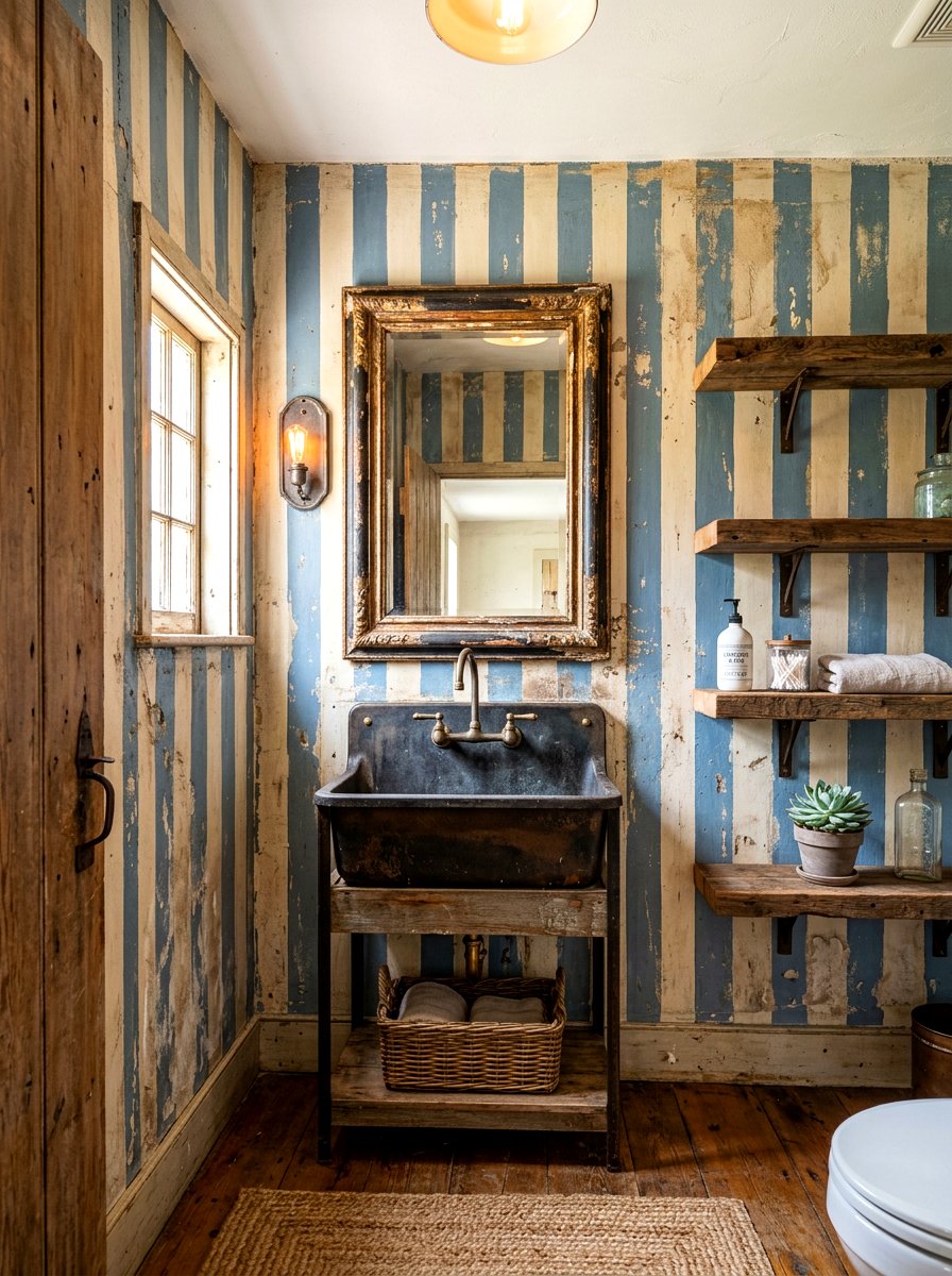 Distressed rustic striped paint - 30 striped powder room ideas