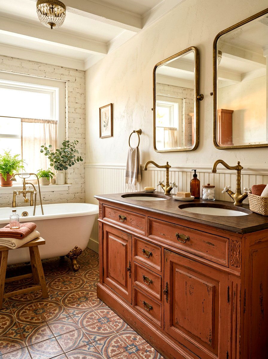 Distressed terracotta wood vanity - 30 terracotta bathroom vanity ideas