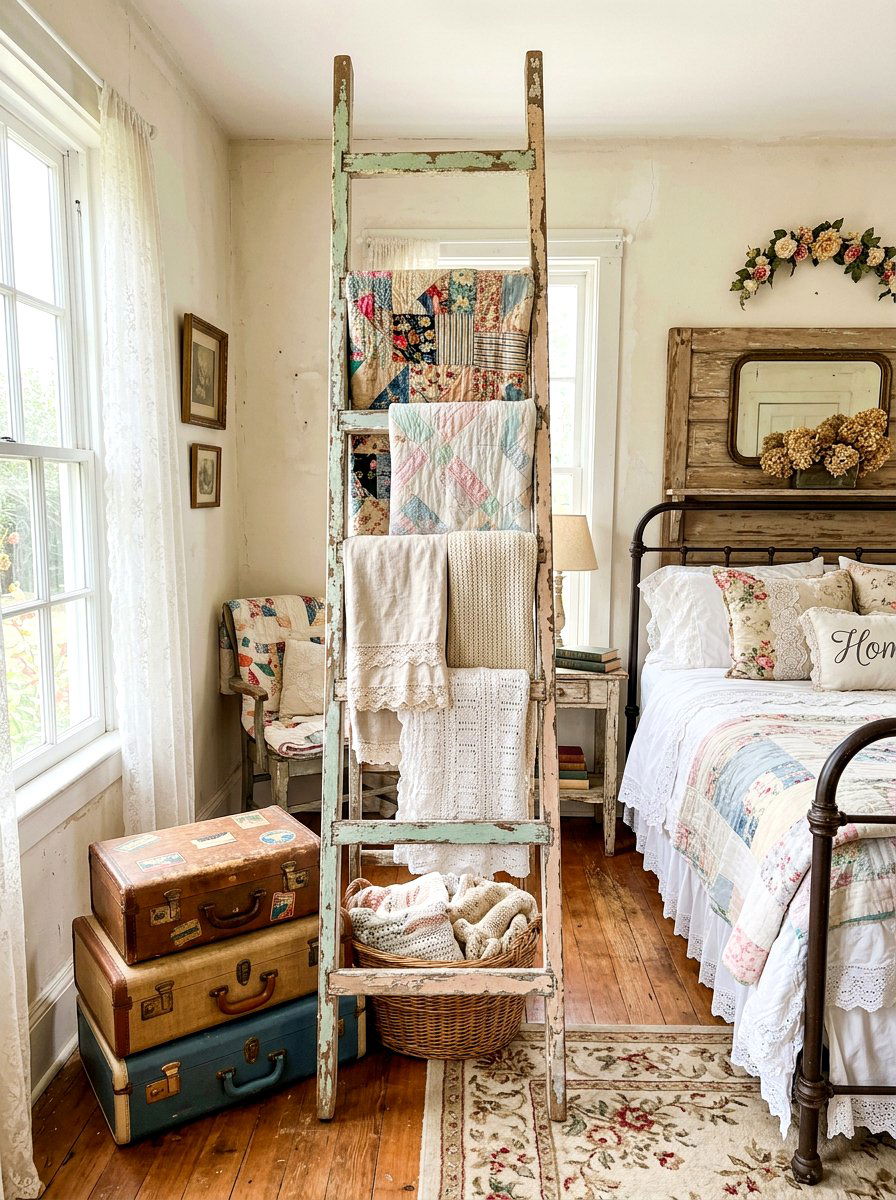 Distressed vintage blanket ladder - 30 corner ladder blanket ideas