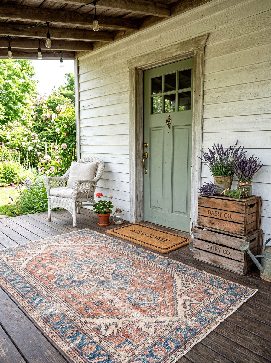 Distressed vintage style rug - 30 porch doormat layering ideas