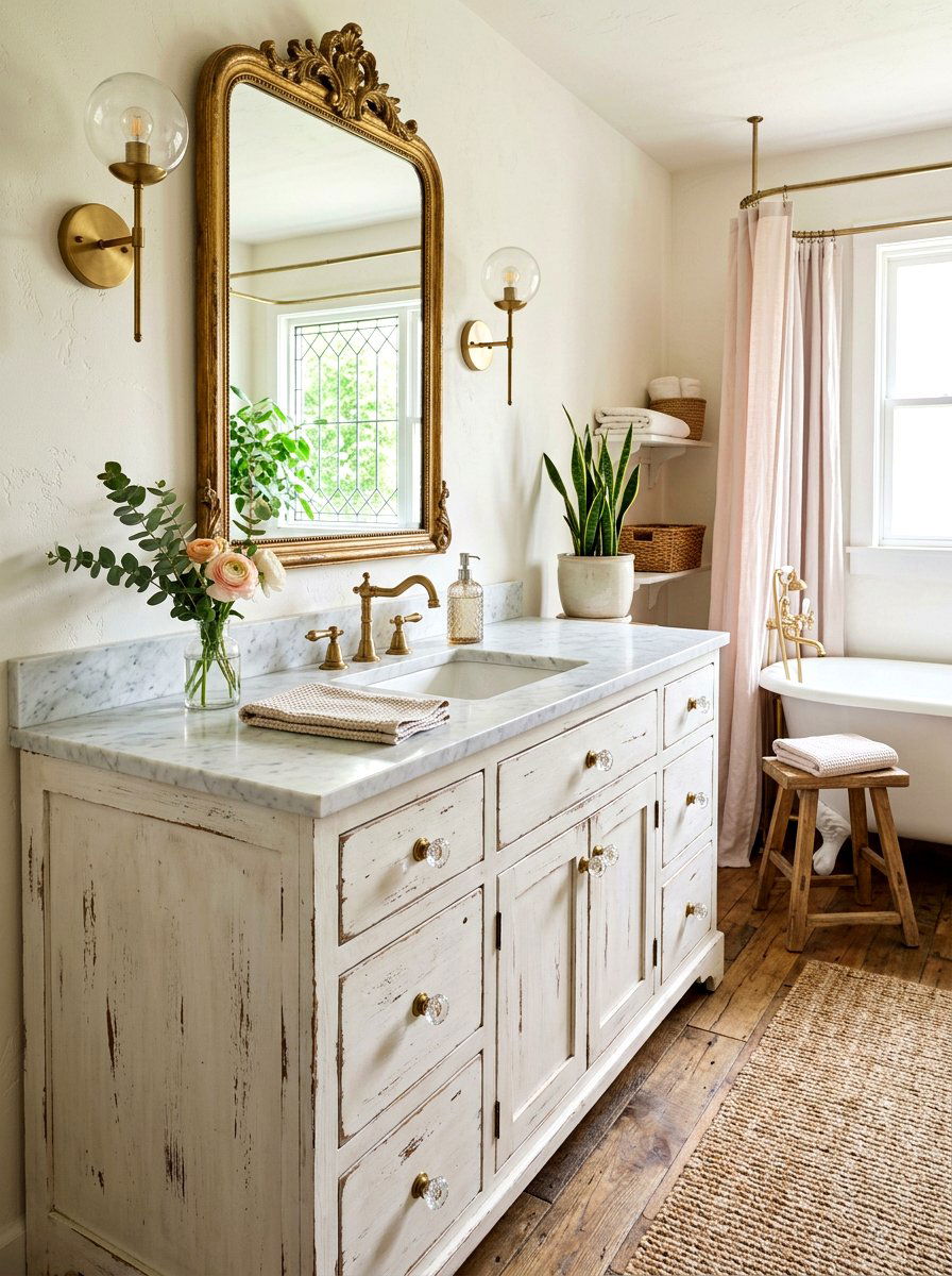 Distressed white cabinet - 30 rustic bathroom ideas