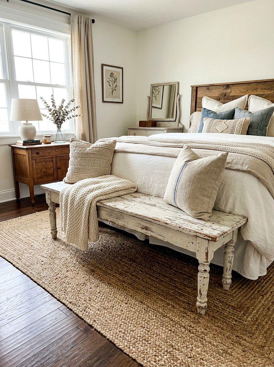 Distressed wood bench - 30 farmhouse bedroom ideas