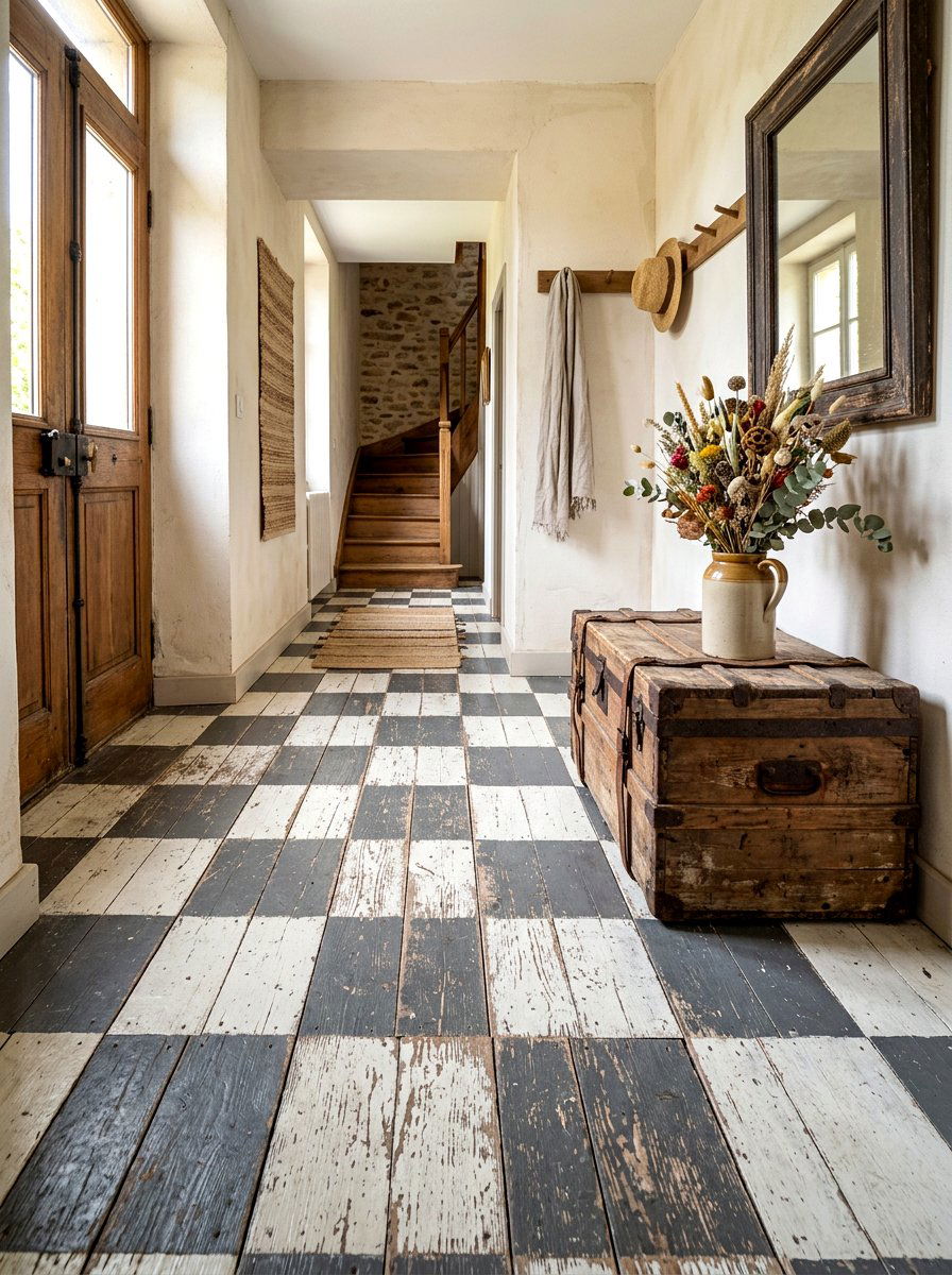 Distressed wood checkerboard foyer - 30 checkerboard foyer floor ideas