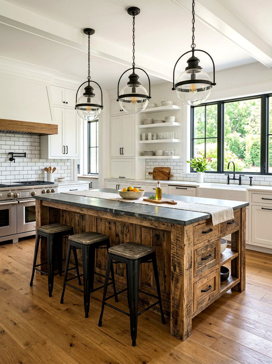 Distressed wood kitchen island - 30 industrial farmhouse kitchen ideas