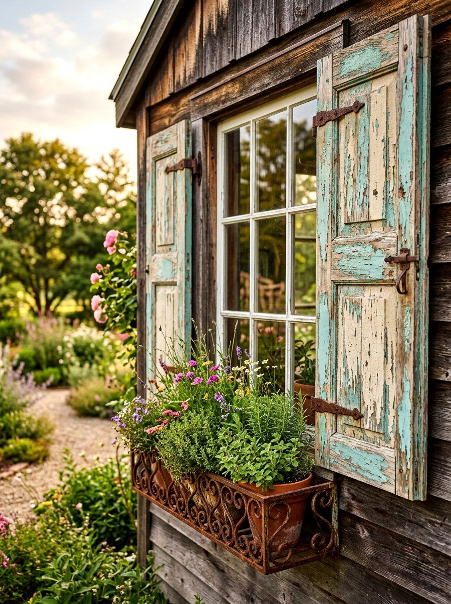 Distressed wood shutters - 30 shutters and flower box ideas
