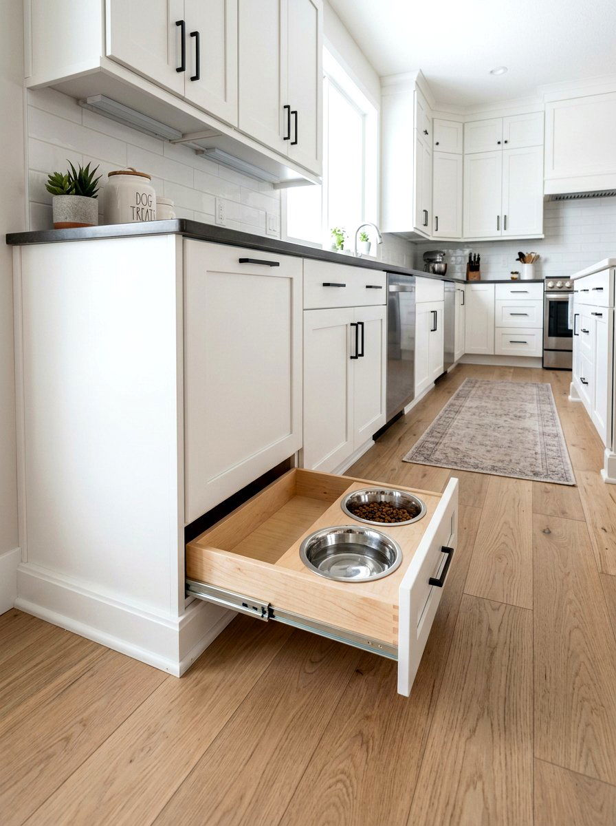 Dog feeding station drawer - 30 pet room ideas
