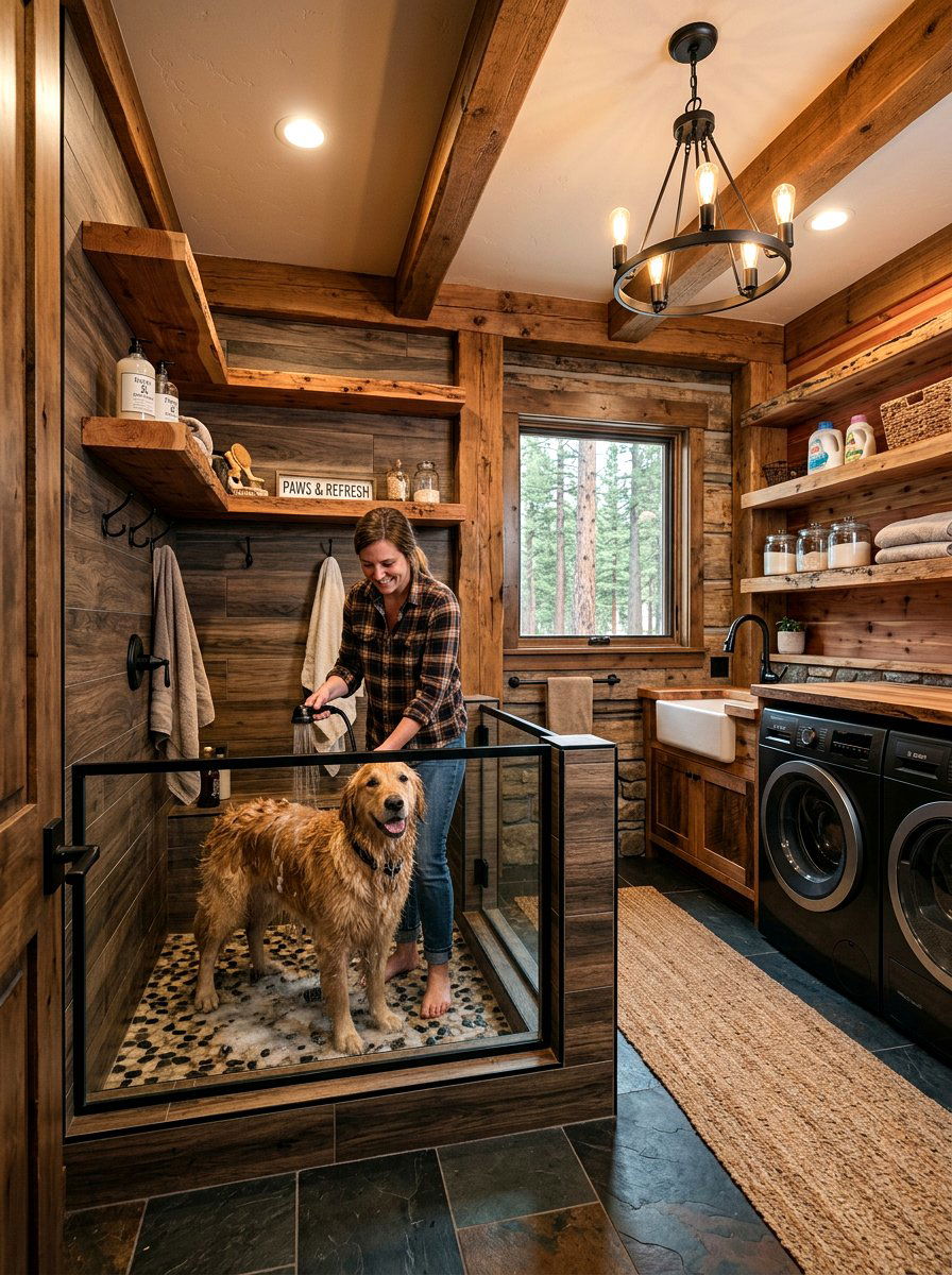 Dog shower with wood accents - 30 pet washing station laundry ideas