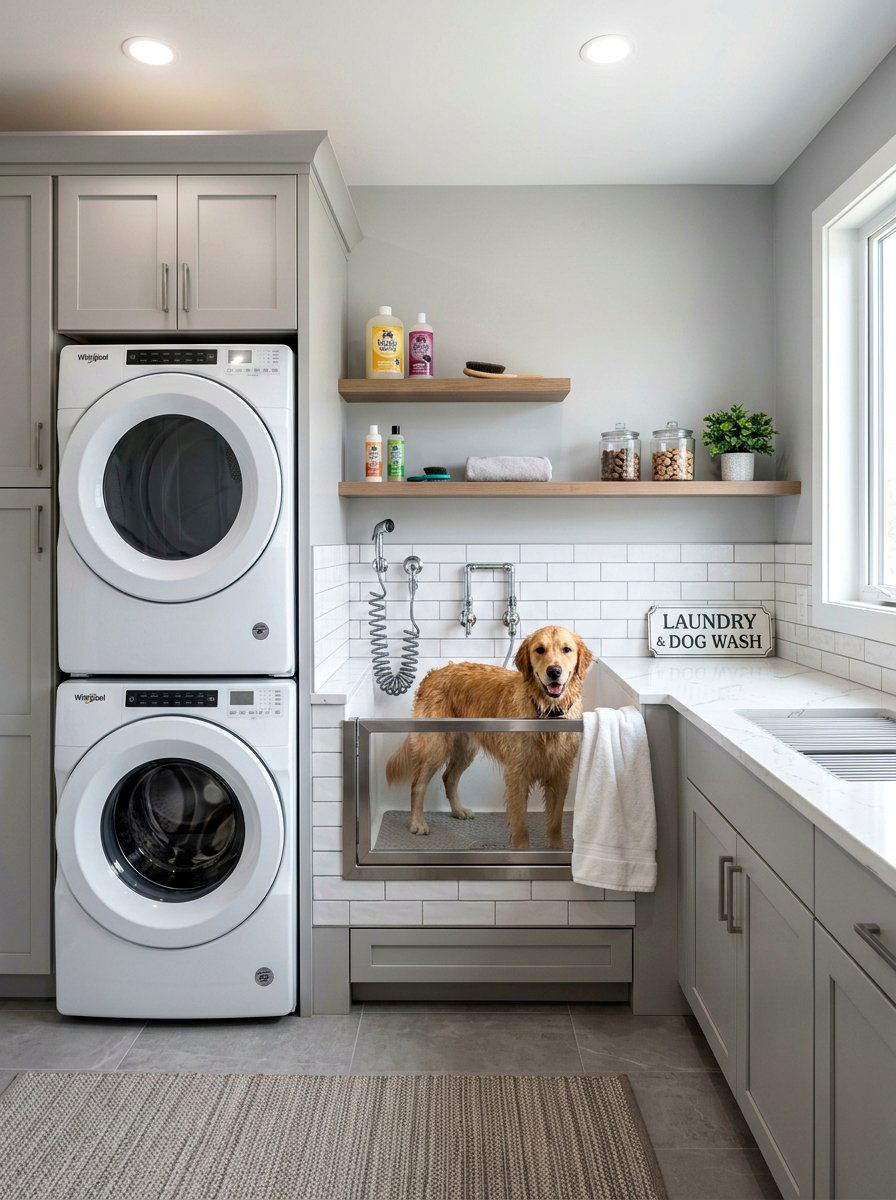 Dog wash station next to washer and dryer - 30 pet washing station laundry ideas