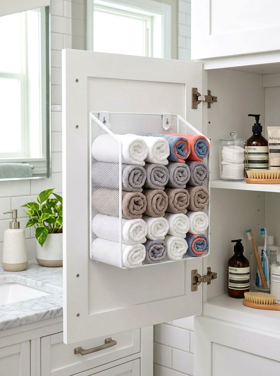 Door Mounted Basket - 30 towel storage ideas