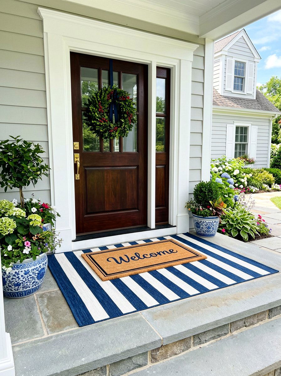Doormat over striped rug - 30 spring porch layering ideas
