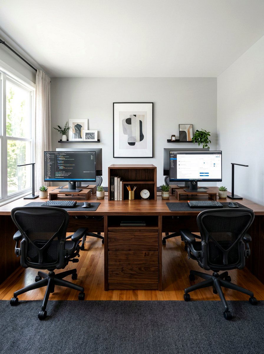 Double Dark Wood Desk Setup - 30 dark wood office ideas
