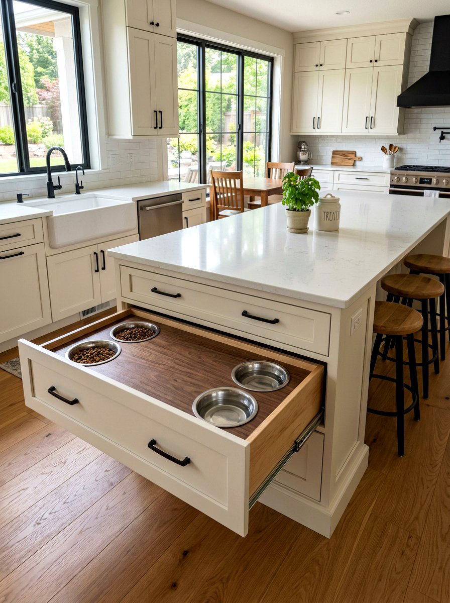 Double Dog Bowl Pull Out - 30 pet feeding drawer ideas aesthetic