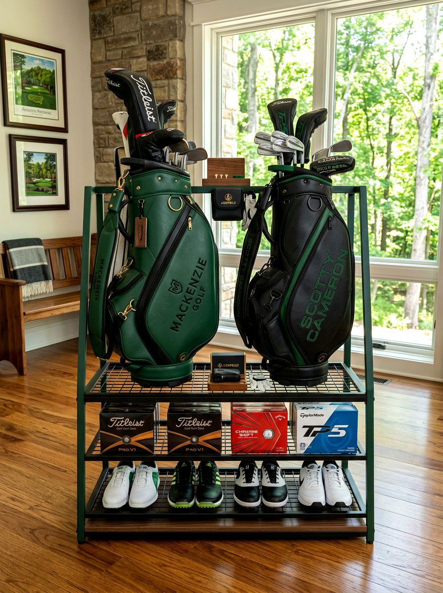 Double Golf Bag Organizer Rack - 30 garage sports equipment storage ideas