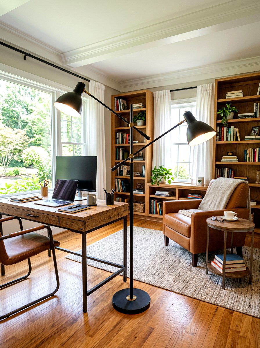 Double Headed Floor Lamp Study - 30 lamp lit office ideas
