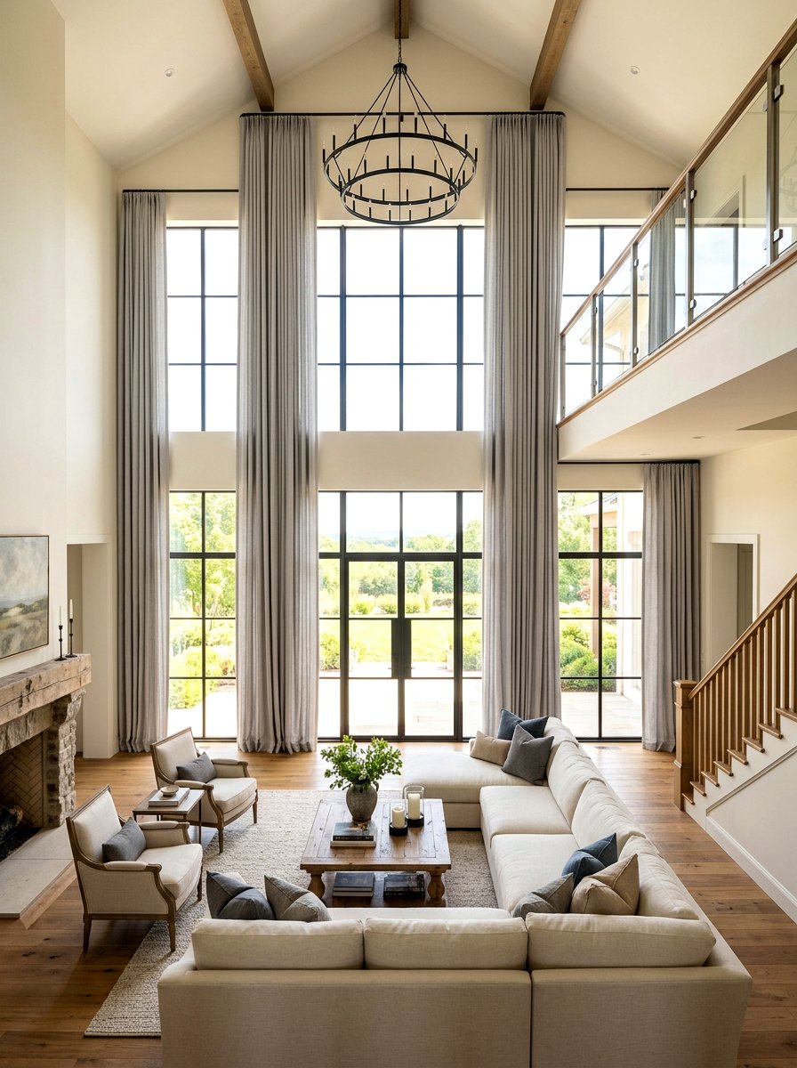 Double Height Drapes - 30 statement drapes living room ideas
