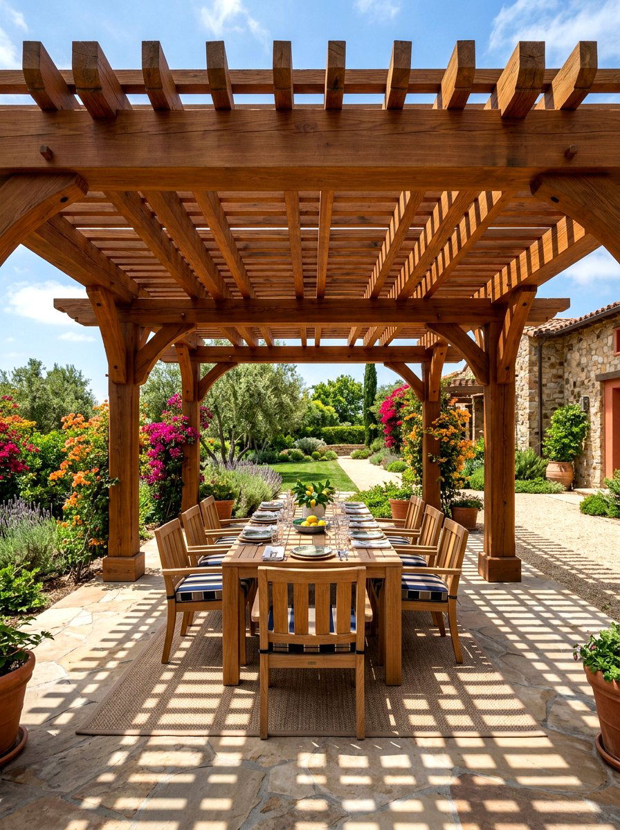 Double Layer Beam Pergola - 30 pergola dining backyard ideas