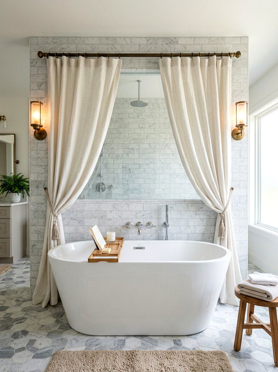 Double Panel Linen Shower Curtain - 30 linen shower curtain ideas