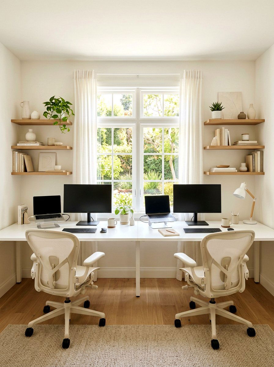 Double Person Neutral Workspace - 30 calm neutral office ideas