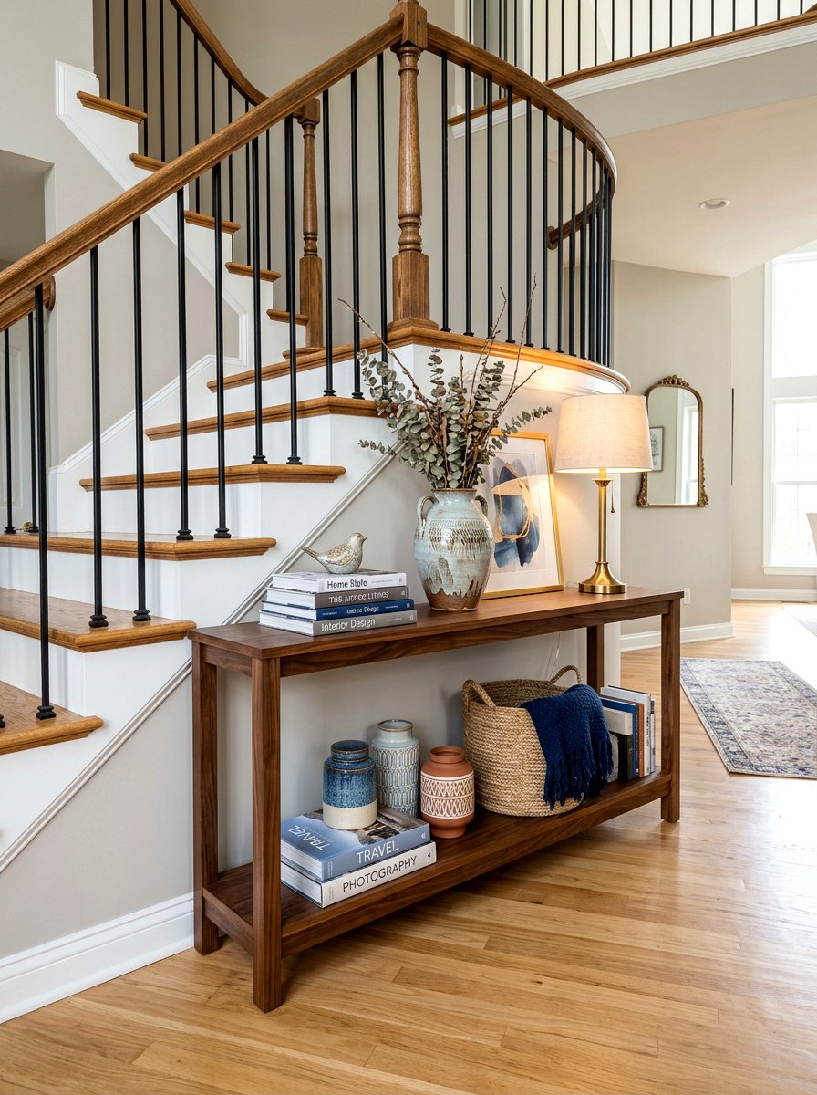Double Shelf Console Behind Stairs - 30 console behind stairs ideas
