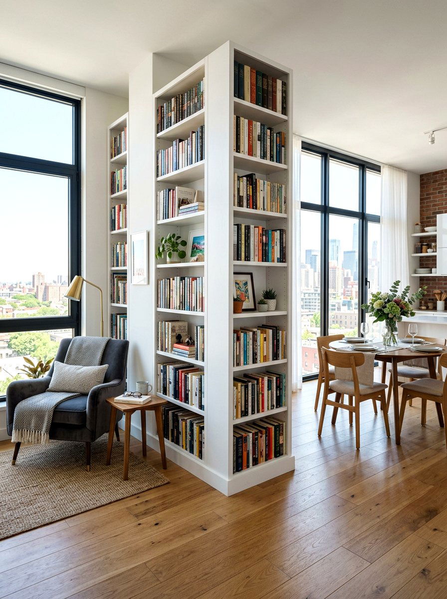 Double Sided Bookcase - 30 studio apartment divider shelf ideas