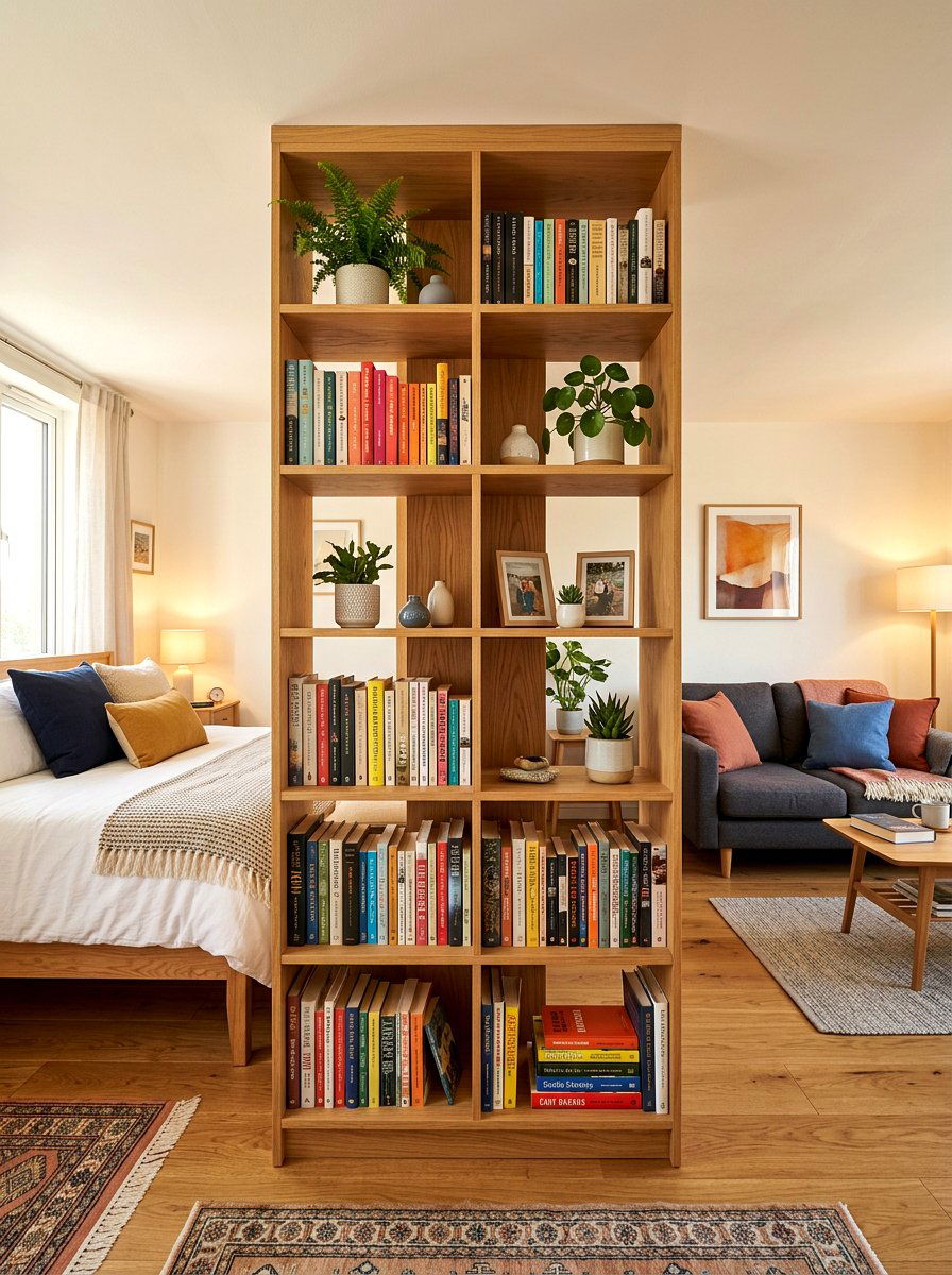 Double Sided Bookshelf - 30 studio apartment divider ideas