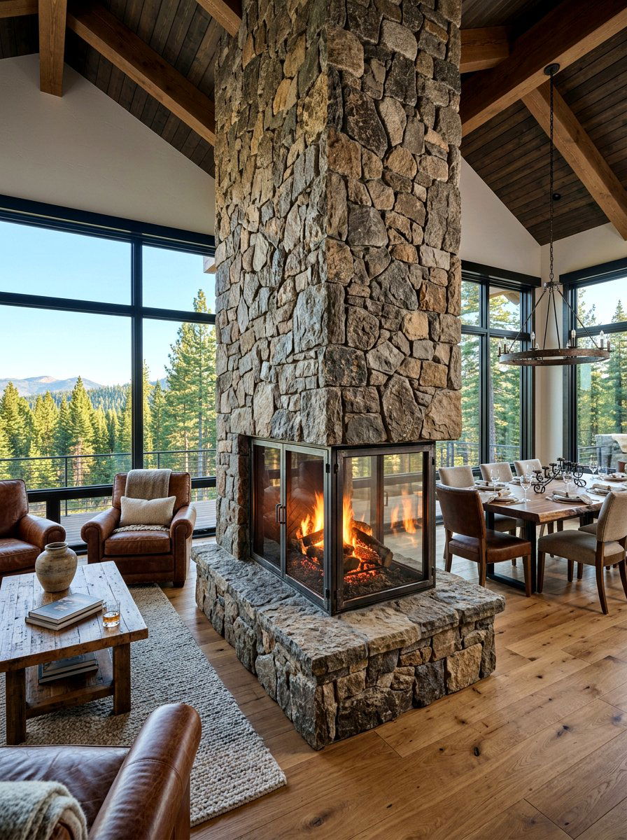 Double Sided Central Fireplace - 30 open concept decorating ideas