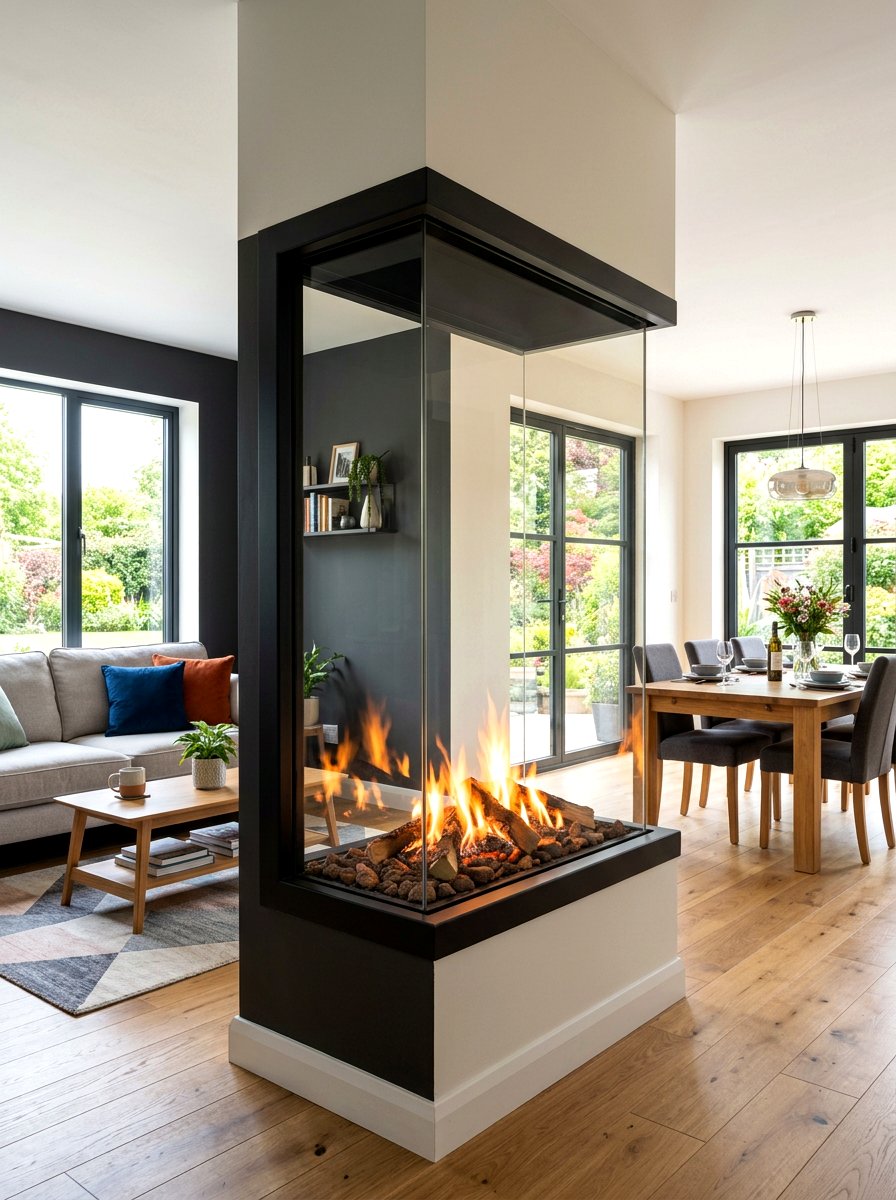 Double Sided Corner Glass - 30 corner fireplace ideas