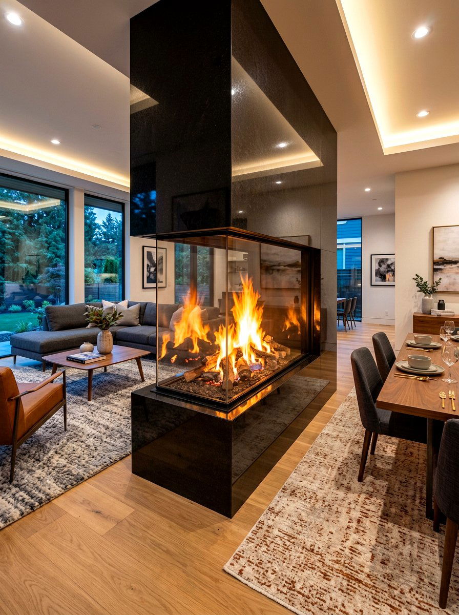 Double Sided Fireplace - 30 room divider apartment aesthetic ideas