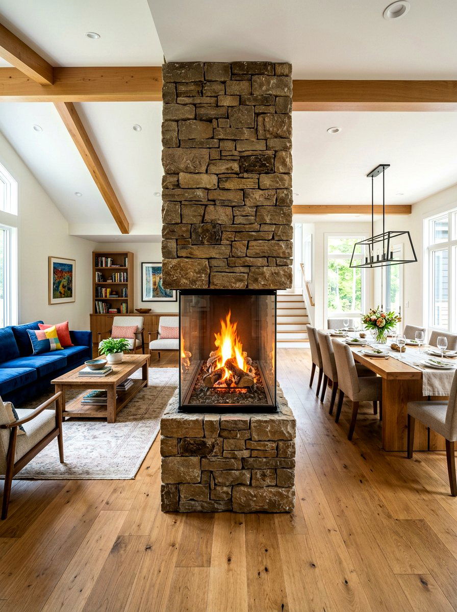 Double Sided Fireplace Divider - 30 half wall zoning ideas