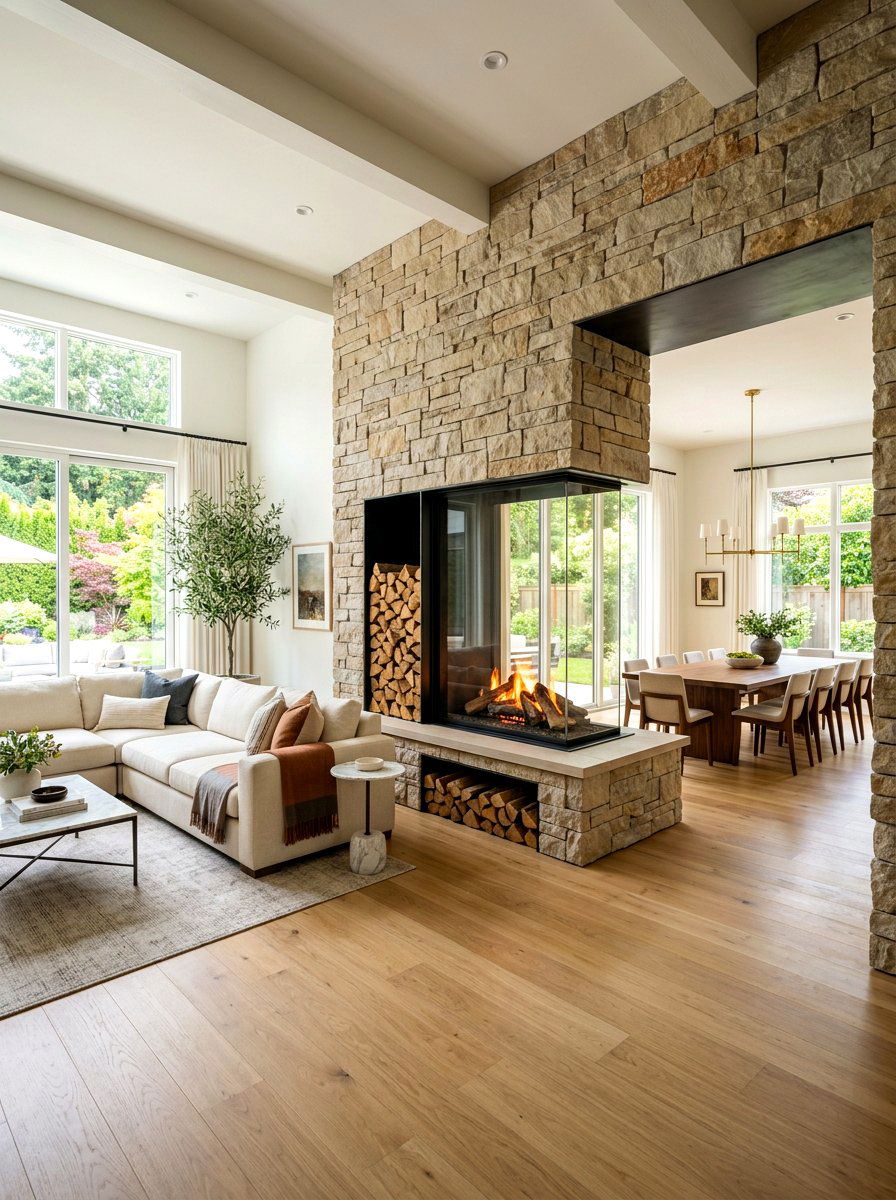 Double Sided Fireplace Niche - 30 firewood storage wall ideas