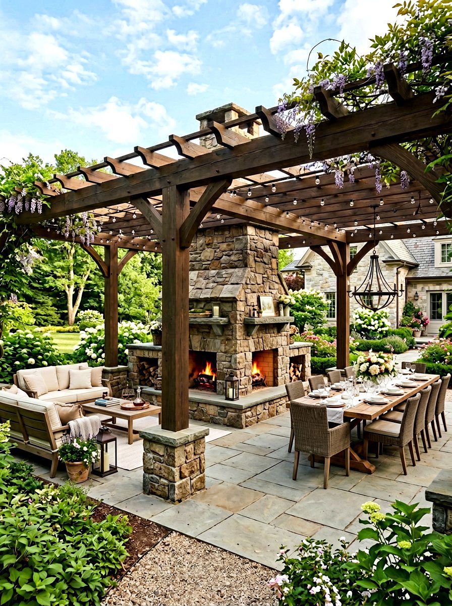 Double Sided Fireplace Under Pergola - 30 pergola with fireplace ideas