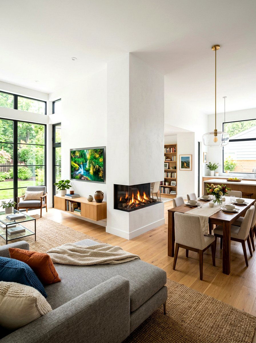 Double Sided Fireplace With TV - 30 fireplace and TV layout ideas