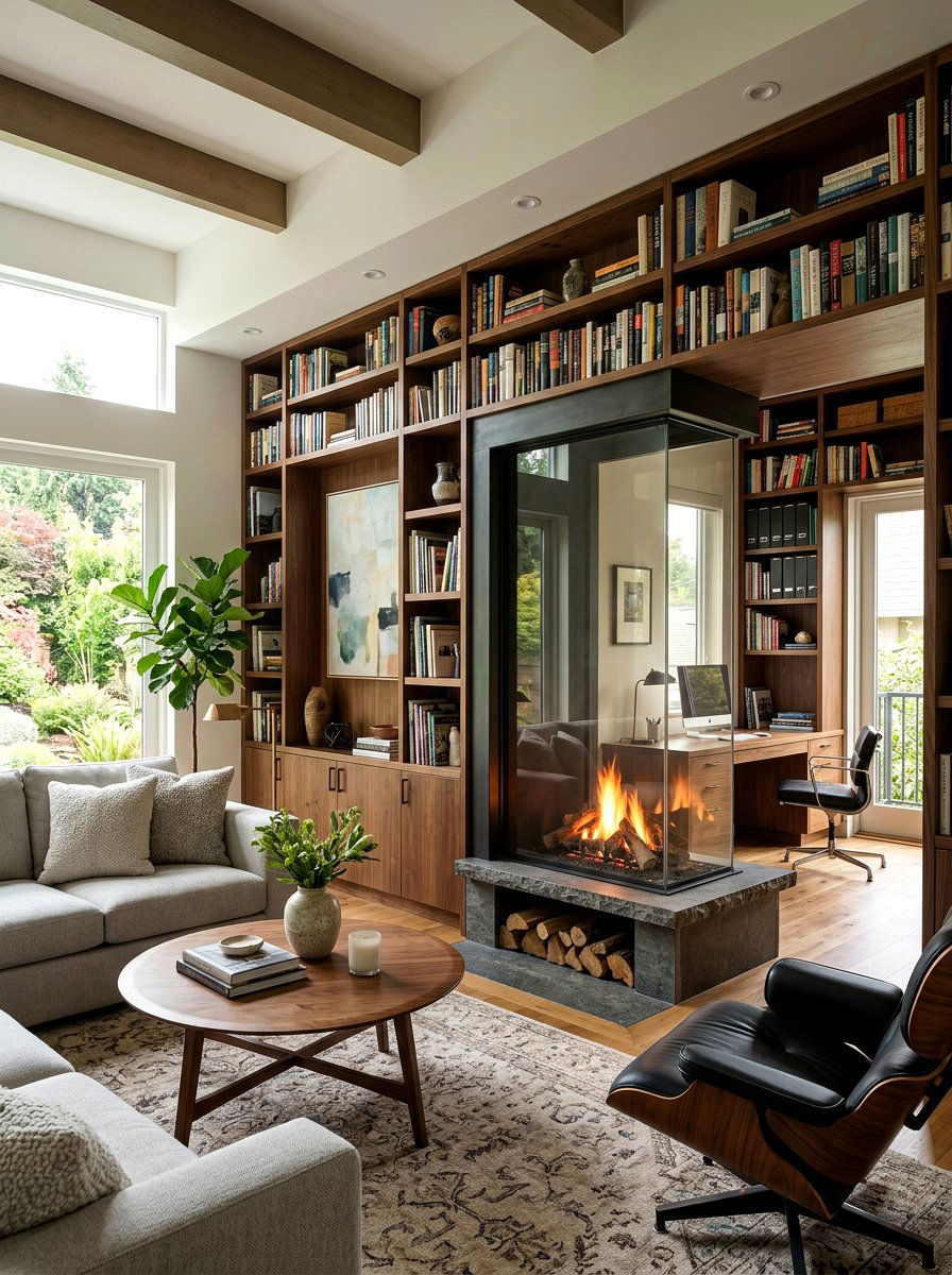 Double Sided Library Fireplace - 30 library fireplace ideas